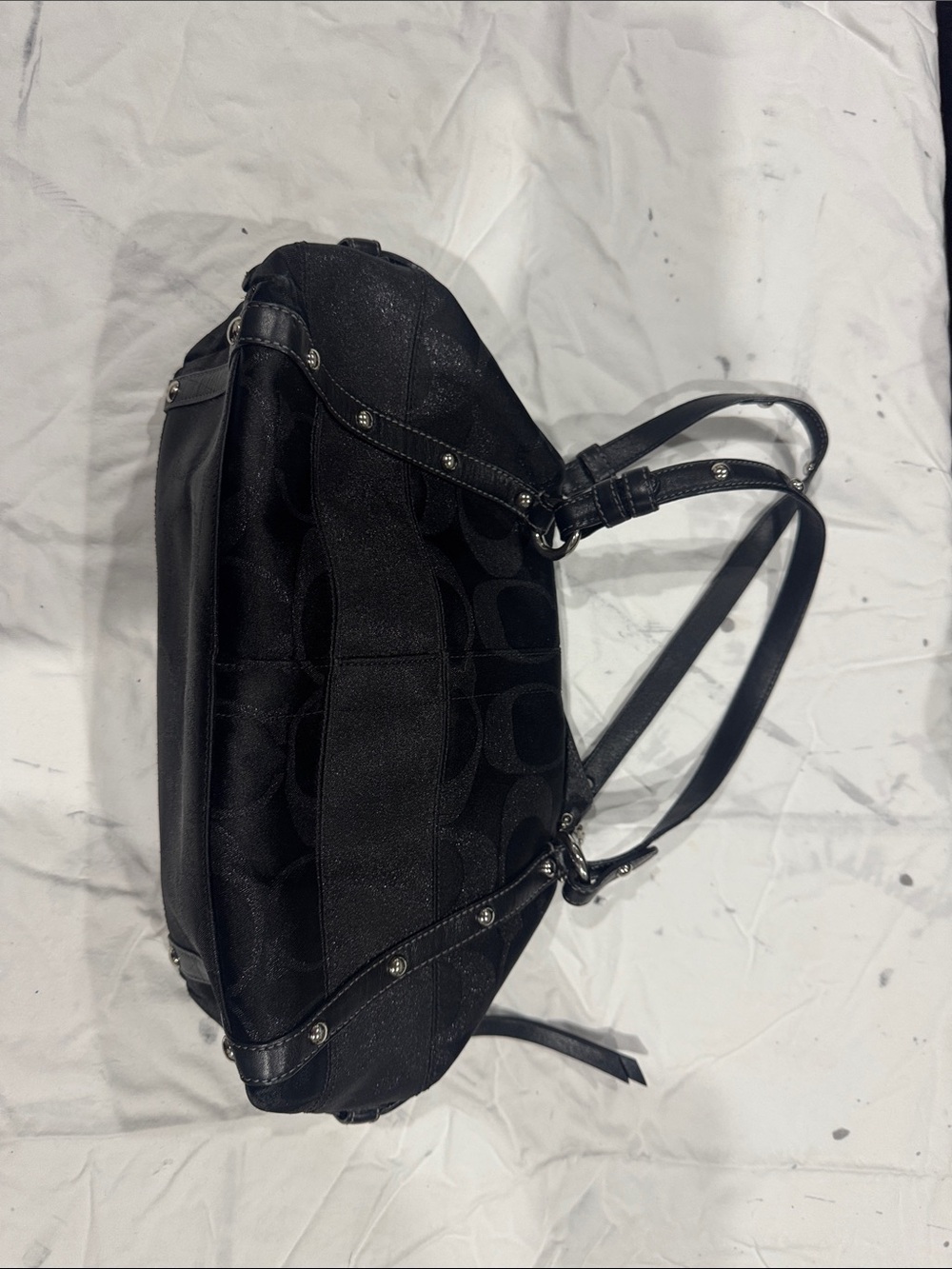 Coach Black Signature Jacquard Shoulder Bag with Stud Accents